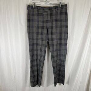 J Hilburn Wool Pants Men's 34"x28" Grey Plaid Flat Front Pockets Dry Clean